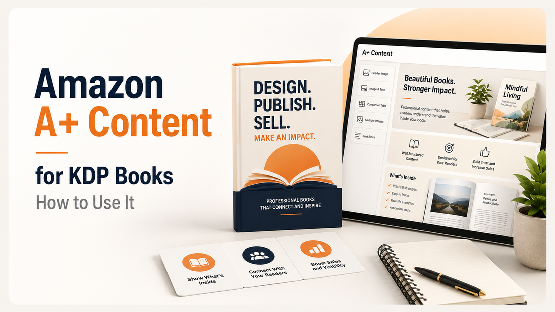 Amazon A+ Content for KDP books guide with enhanced book listing modules, images, text blocks, and publisher content layout