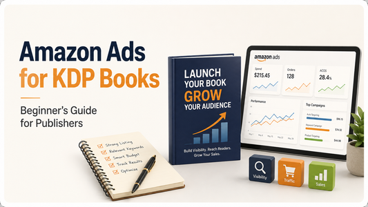 Amazon Ads for KDP books beginner guide with advertising dashboard, campaign performance metrics, and book promotion strategy