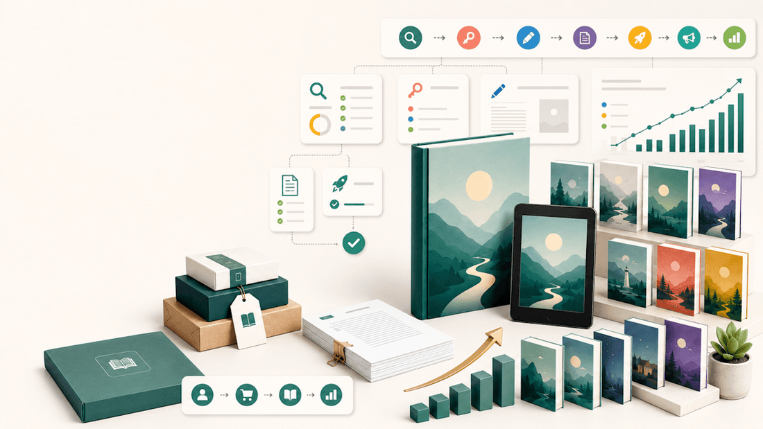 Amazon KDP business system with book mockups, ebook device, publishing workflow cards