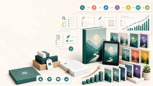 Amazon KDP business system with book mockups, ebook device, publishing workflow cards