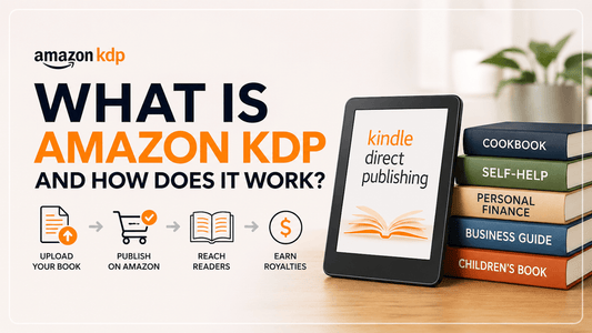 Amazon KDP guide showing e-book publishing steps, Kindle device, and publishing niche examples