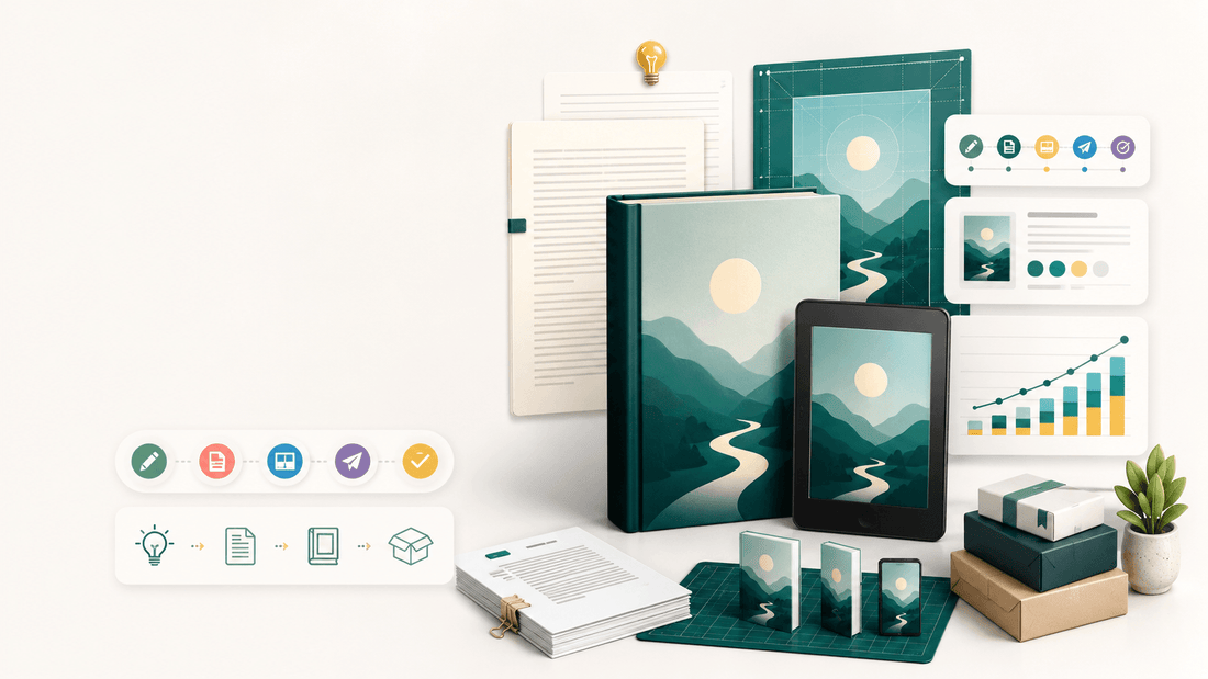 Amazon KDP publishing workflow with book mockups, manuscript pages, e-book device