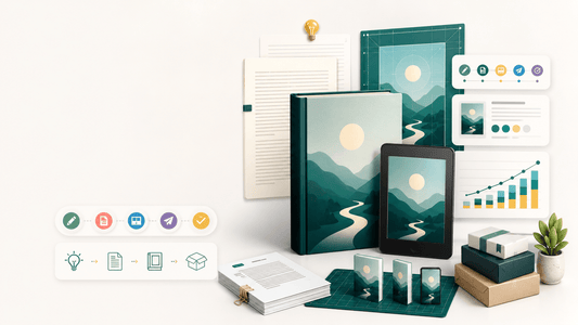 Amazon KDP publishing workflow with book mockups, manuscript pages, e-book device