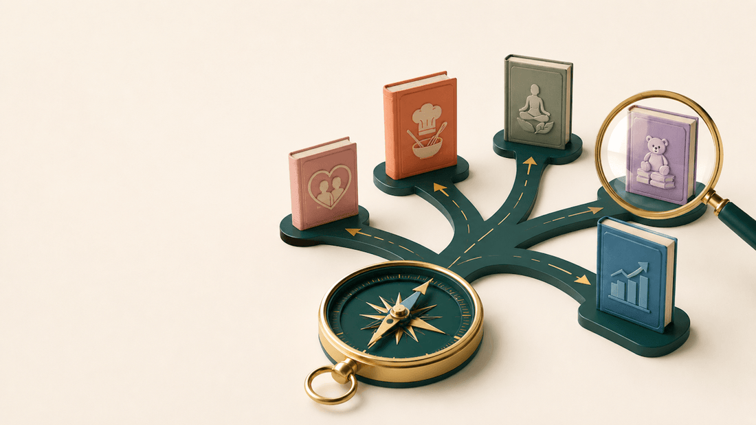 Amazon KDP niche selection with branching paths, market category book concepts, compass, and magnifying glass highlighting the best publishing niche