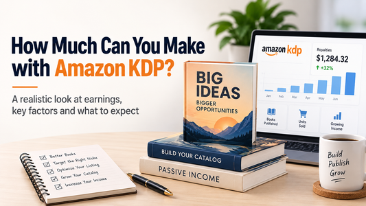 How much can you make with Amazon KDP guide showing royalties dashboard, book catalog growth, and KDP earnings factors