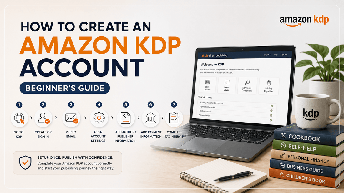 Amazon KDP account setup guide with step-by-step registration icons