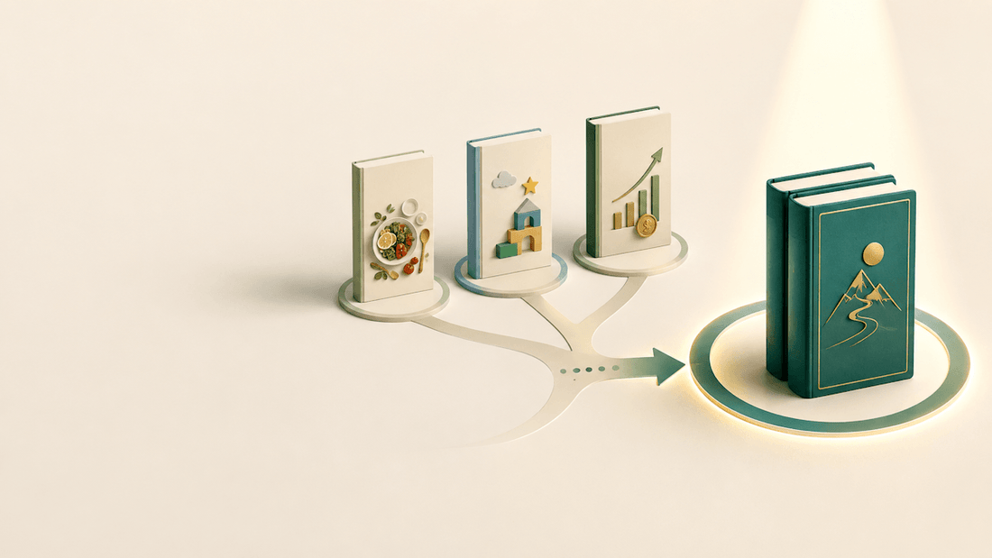 Amazon KDP niche strategy showing several test book markets converging into a focused publishing portfolio