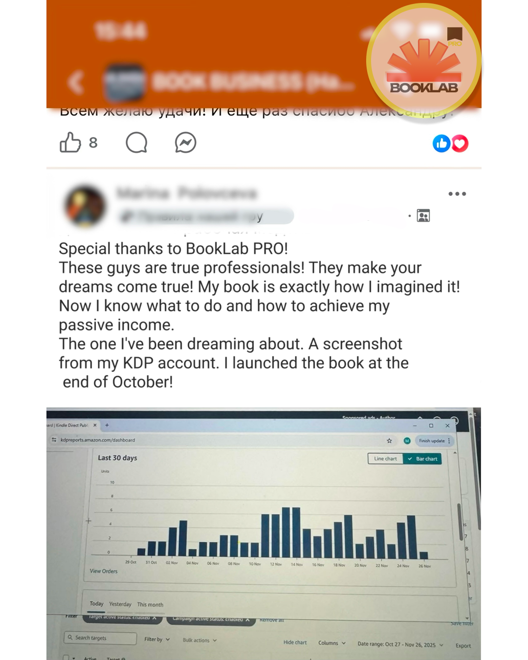 Customer review screenshot about results with a KDP dashboard image