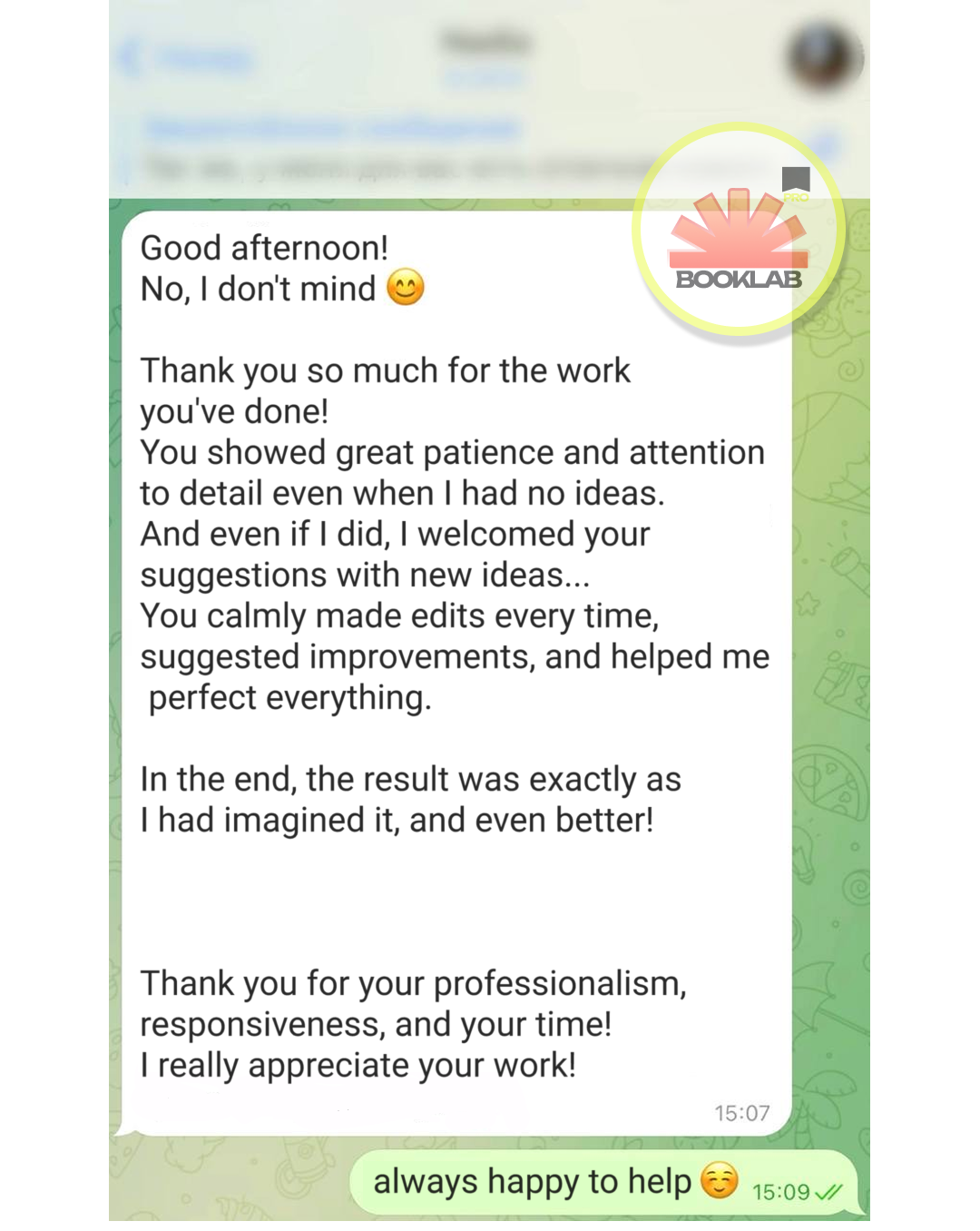 Customer review screenshot praising professionalism and support