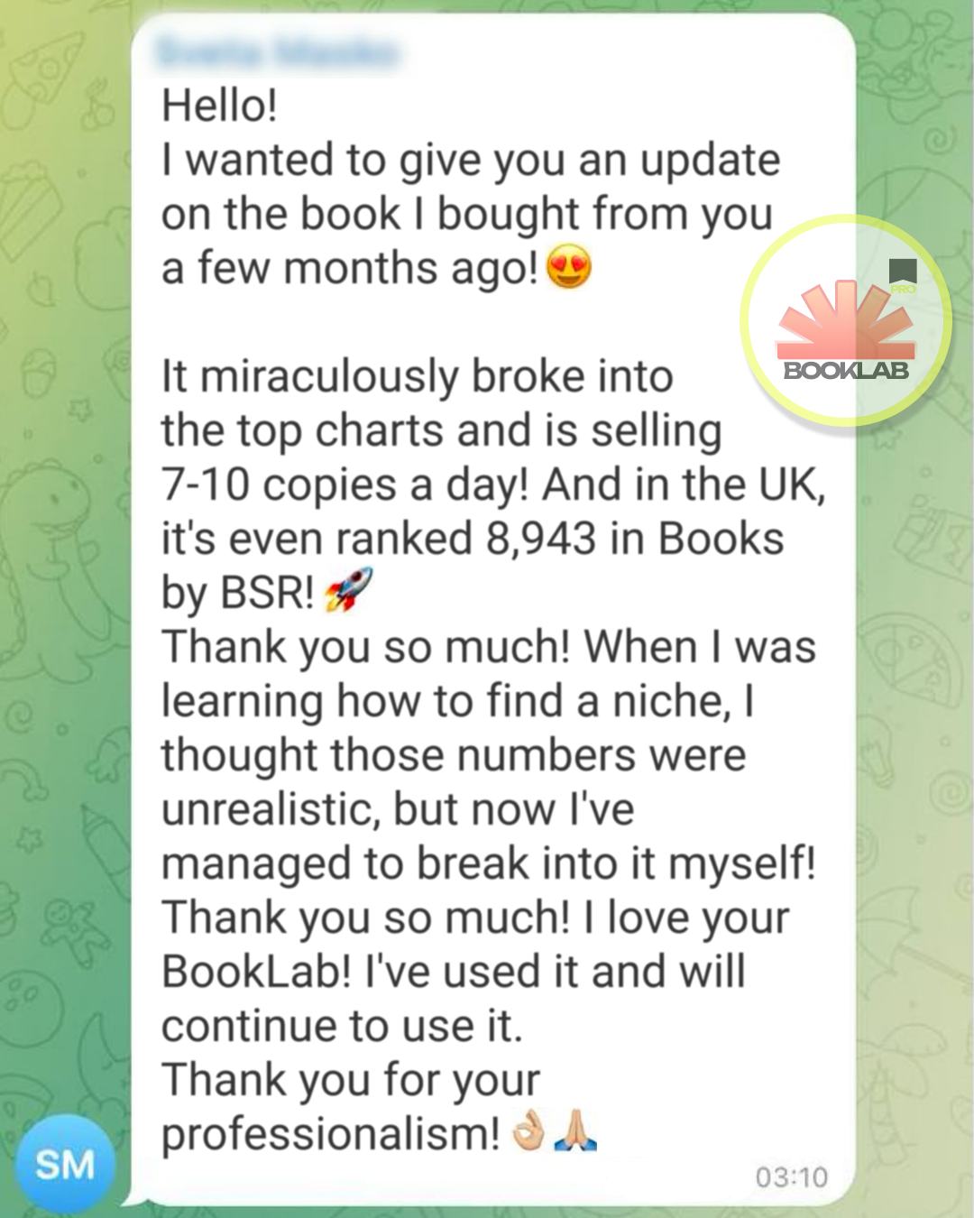 Customer review screenshot mentioning 7–10 copies per day and UK BSR