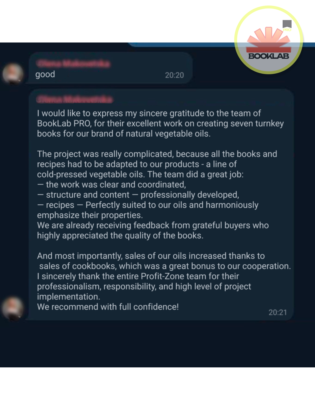 Customer review screenshot thanking the team for turnkey books